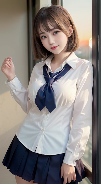 (masterpiece, Best Quality, Illustration, Ultra-detailed, finely detail, height resolution, 8K Wallpaper, Perfect dynamic composition, perfect facial features, Beautiful detailed eyes, serafuku, ribon tie, high & slim waist, tight white shirt with buttons, frilled Mini skirt, Very short bob hair, huge breasts, Bold sexy poses, kind Smile, high school, 18 years girl, Cute, Sexy shot looking at camera, sunset, by the window, bokeh sunrise, sunrays, lens flare, Safe for work, SFW)