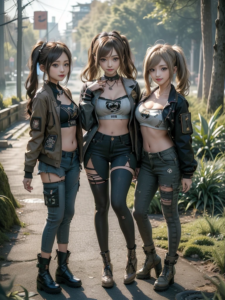 (Three Girls, 3 girls:1.5)、(Full Body View:1.3)、(Hostess:1.3)、(Smiling with teeth showing:1.3),(Shibuya Gal:1.5)、(Gothic Lolita gravure model:1.4)、(Lolita Fashion:1.5)、(Punk RockVisual Kei:1.4)、(A modern short jacket in dark grey and moss green.:1.5)、(Tattered brown and charcoal denim low rise cargo pants:1.5)、(Mustard Yellow Headband:1.3)、(Charcoal and khaki striped knee socks:1.4)、collar、(Brown platform long boots)、(Clothing with logo pattern:1.4)、20-year-old、Browsing Caution,((Highest quality、In 8K、masterpiece:1.3))、Sharp focus:1.2、(Layered Cut、Huge breasts:1.1),Beautiful woman with perfect figure:1.4、(Doing an aerobics pose:1.3)、Slim Abs:1.2、Butt、Highly detailed face and skin texture、Fine grain、double eyelid,(Twin tails:1.3)、(Brown-golden hair:1.3)、Obscene、Idol Sculpture、(The three of them are posing together in a cute way.:1.3)、(The landscape is a beautiful temple of water and forest:1.3)、(Slimming your legs:1.4)、(The body is slim:1.3)、(clavicle:1.1)