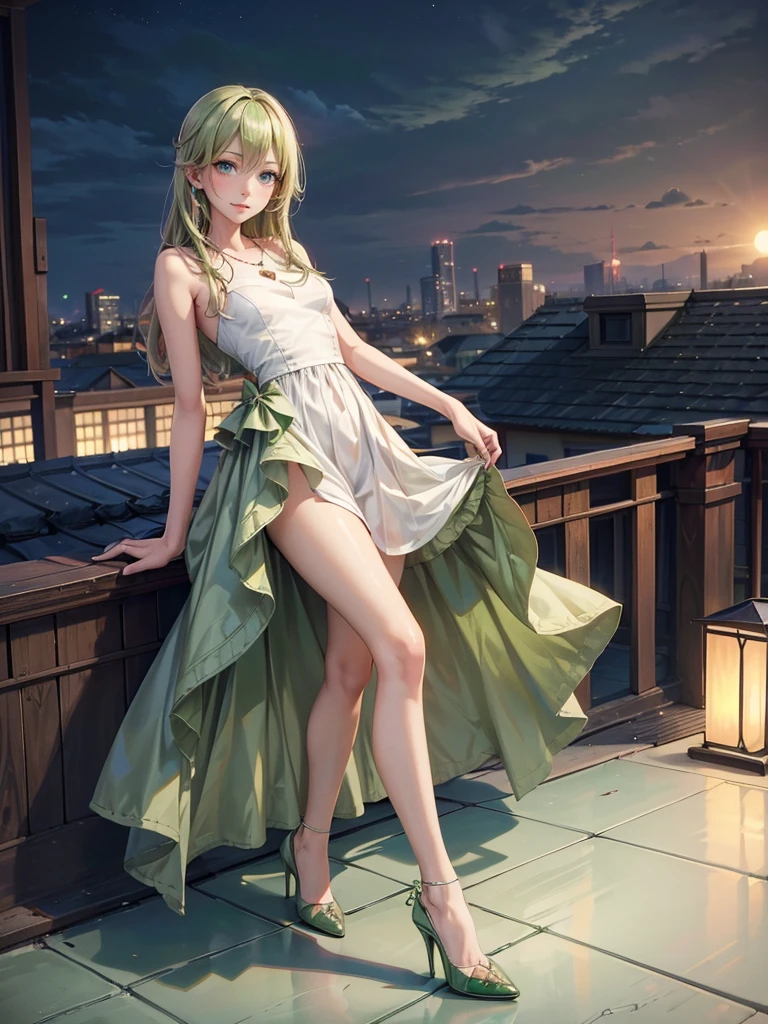 ((Biologically correct limb count)),(( From head to toe,Full-body photo including face)),4K,((Standing position)),masterpiece,((Focus on the face)),((Symmetrical facial features)),Eyes with detailed description,Beautiful woman,Great style,Beautiful arms,Beautiful legs,Beautiful Hands,(Small Ass,Thin thighs),Detailed depiction of the face,Small earrings,necklace,(Will ,dress((High heels))),((evening,Rooftop)),(((Green blonde))),Realistic photo,