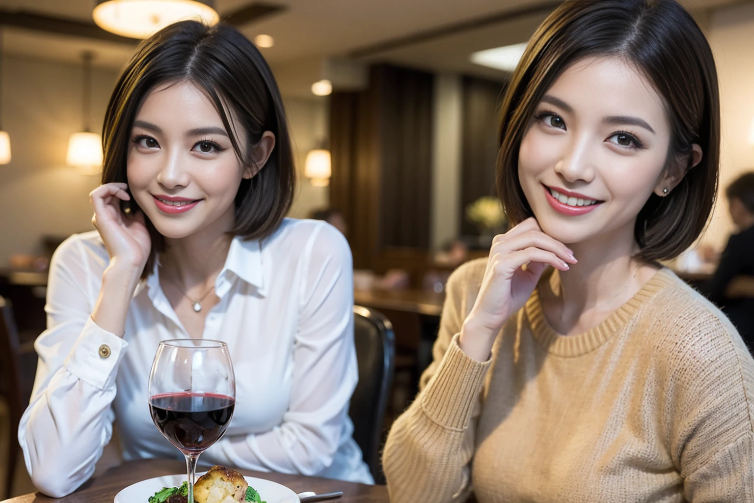 (Realistic:1.1),(masterpiece,Highest quality),8k,(49 years old), 53 years old, ベリーslimボディ、slimカップル、Tight waist,Upper Body,full-course dinner、wine 、Amazing view of the sunset sky and clouds、Perfect Anatomy, Brown Hair, short hair,Random Hairstyles,((Highly detailed face and eyes:1.2)),Perfect golden ratio face,Long sleeve shirt、dress,(smile:1.2)、Shortcuts、cute、(Realistic, Intricate details:1.2), A bright smile、short hair,Bright Face、赤wine 、Appetizers、Italian food、wine bottle、Champagne、スパークリングwine、(slimな顔), (The body is slim), (Brown Hair), (Shortcuts), Upper Body, 白wine, slim, wineグラス,