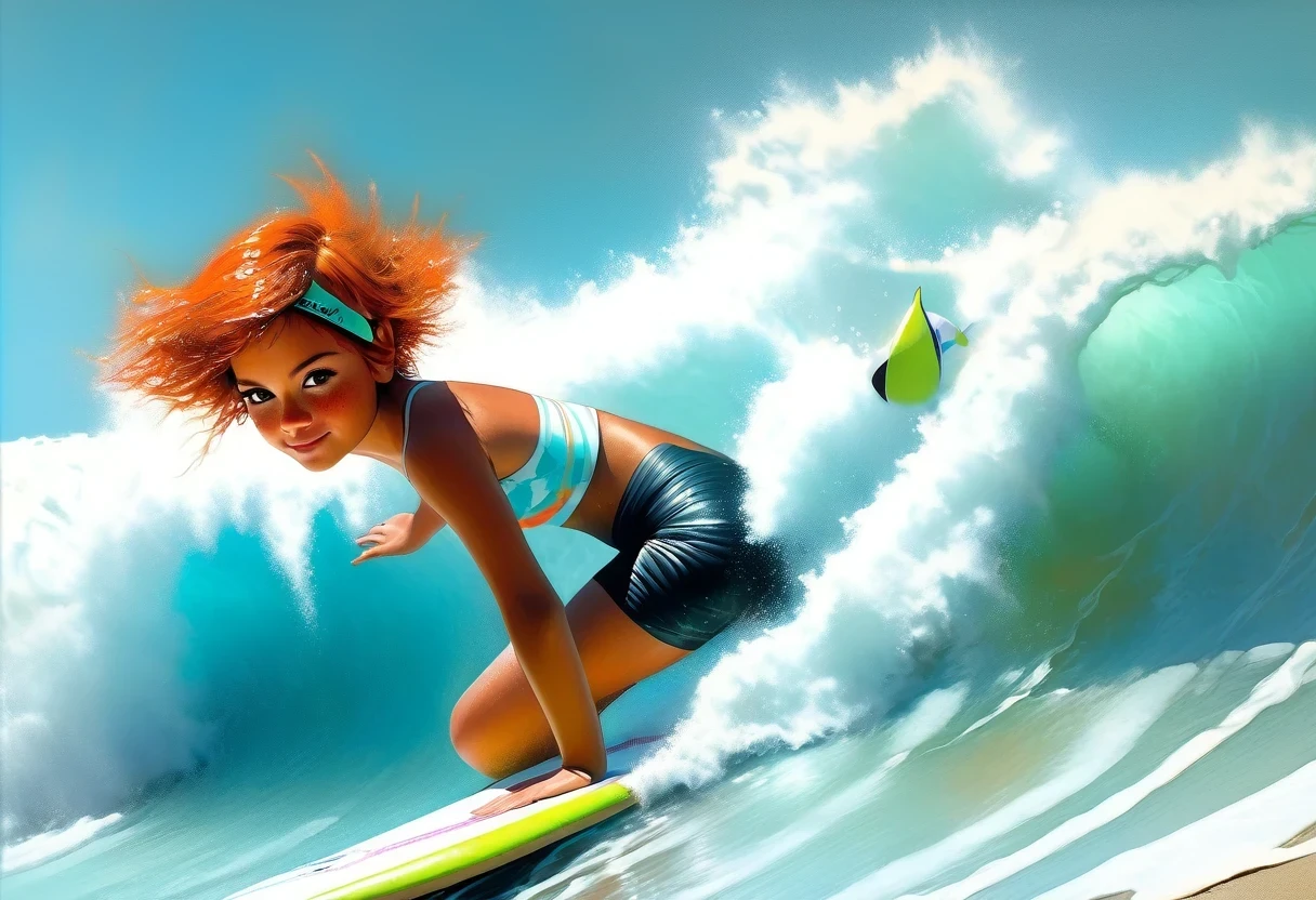 (on surfing board young girl isabelmoner-smf dora), (((solo))) (surfing on waves). (Hyper-realistic), Very short orange hair, freckles, white cute tanktop, Mini Shorts, Sport, sweaty, Average Breasts, aesthetics, ((oil painting)), (headband:0.75),(teal:0.2),(Orange:0.2), (by Jeremy Mann:0.5), (by John Constable:0.1),(by El Greco:0.5),(acrylic paint:0.75), 8K