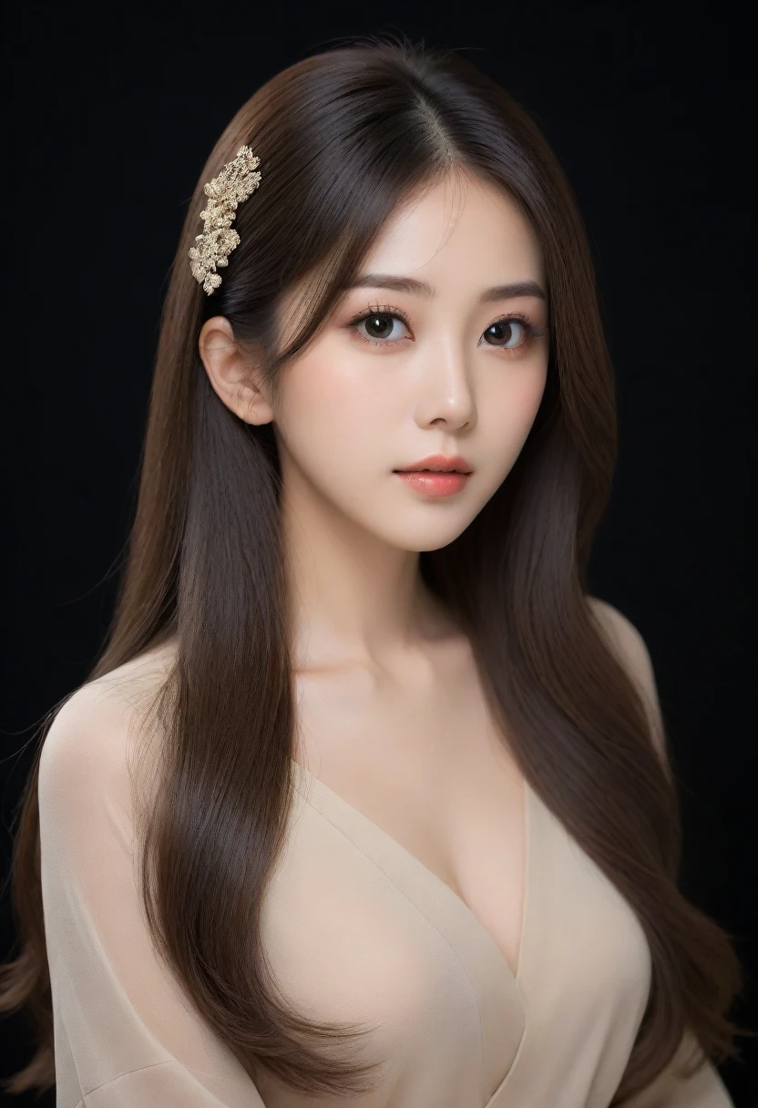 beautiful Japanese woman with long hair and an elegant profile picture is wearing beige . She has fair skin, big eyes, delicate facial features,with a matte photo on a light black background