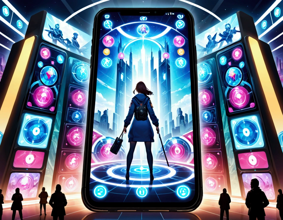 Mobile phone game screen with woman standing in the center, There are several UIs around.