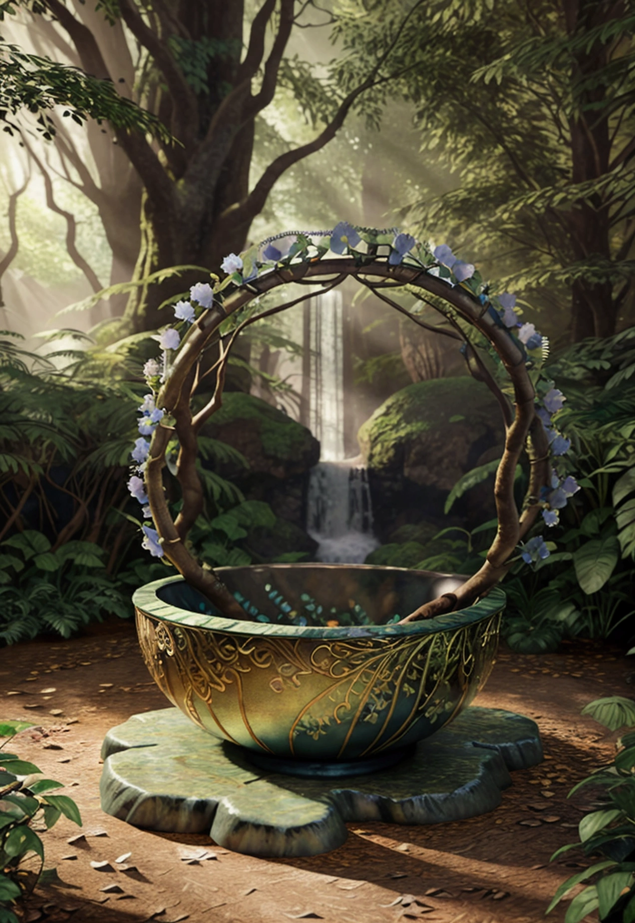 A stunning 3D watercolor illustration of a mystical forest landscape, intricately painted on a metallic-shaded bowl. The design features a serene waterfall cascading over large designer stones, with vibrant morning glory creeper flowers elegantly intertwined. The forest is adorned with mysterious designer trees, and the entire composition exudes a sense of tranquility and wonder. The use of vibrant colors and intricate details brings the scene to life, creating a captivating and immersive experience., illustration, 3d render, vibrant