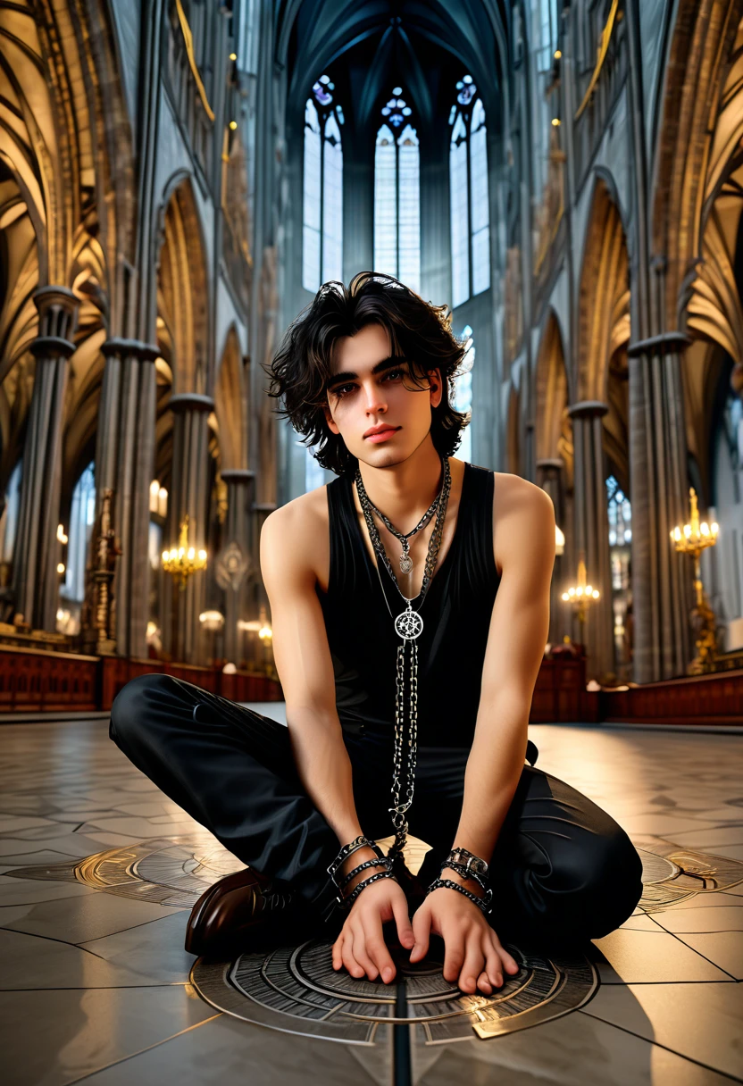 Gothic medium haired young man with aesthetic chain jewellery is posing on the floor inside of the Cologne Cathedral of Germany at night