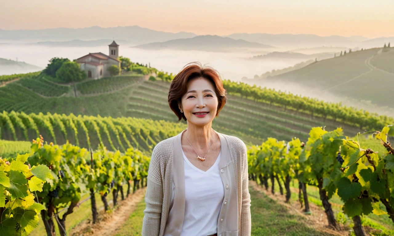 Italy foggy countryside dawn, Endless vineyards, A cathedral can be seen far away in the fog.. Korean woman in her 50s, Wearing a short cardigan over a luxury brand white T-shirt, casual pants, Korean woman with short and medium hair, hair is beautiful. Standing on a path on top of a vineyard hill, Beautiful Korean woman with bright and clear skin, the neck is long and beautiful. Beautiful Korean woman smiling, standing in the vineyard,1 woman, Woman in her 50s, Your eyes are big and pretty, standing on a hill in a vineyard, 1 woman, Clear picture quality, Fair skin and no wrinkles on the neck, The eyes are clear and big