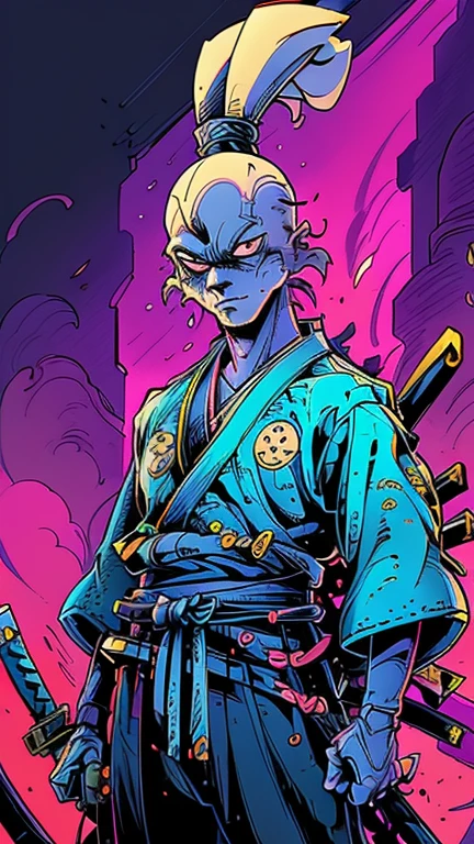 (s:1boy: usagi yojimbo), (extremely detailed CG unit 8k wallpaper),(master part), (best quality), (ultra detail), (best illustration),(melhor ombre), cowboy shot, (Sharp eyeliner, ombre, detail eyes:1),dark neon light post apocalyptic interiors background, ,break , (niji - samurai_punk), upper body