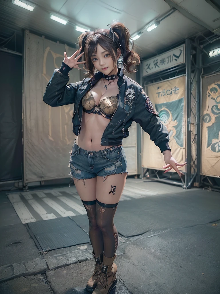 (Three Girls, 3 girls:1.5)、(Full body image:1.ide view:1.1)、(Sg with teeth showing:1.3),(Shibuya Gal:1.5)、(Race Queen Costumes:1.4)、(Neo-Goth Fashion:1.4)、(Punk rock visual kei:1.4)、(Modern khaki short jacket, Turquoise and Charcoal:1.5)、(Tattered brown, Charcoal and navy denim bodysuit:1.5)、(Mustard yellow headband:1.3)、(Charcoal and khaki striped knee socks:1.4)、collar、White Long Boots、(We sell patterned underwear with logos.:1.4)、20-year-old、Browsing Caution,((Highest quality、In 8K、masterpiece:1.3))、Sharp :1.2、(Layered Cut、Huge boobs:1.1),Beau woman with perfect figure:1.4、(Doing an aerobics pose:1.3)、(Leg spread:1.3)、(Raise your arms:1.2)、(Open your legs:1.3)、Slim Abs:1.2、Butthly detailed facd skin texture、Detailed eyes、double eyelid,(Twin tails:1.3)、(Brown-golden hair:1.3)、Dynamic pose、Obscene pose、Humiliating pose、Idol Sculpture、(The three of them are posing together in a cute way.:1.3)、(A gorgeous and sunny fashion show stage:1.3)、(Slimming your legs:1.4)、body is slim:1.3)、(clavicle:1.1)