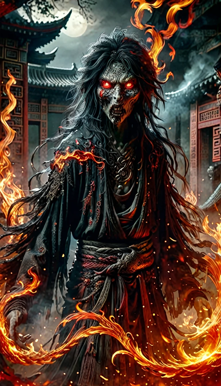 A terrifying and horrible Chinese Shura ghost,The face is fierce,Shura has strange characteristics,Like extra eyes、Multiple or unusual skin colors,Like red or black。The overall image exudes a fierce momentum,Surrounded by flames and other combat elements。The background is dark and ominous,Full of chaos and atmosphere。