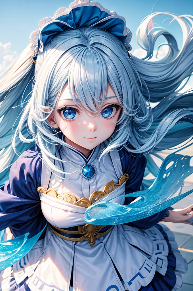 [a blue-eyed girl looks up with a thin smile that makes her look cool. her hair is like light blue waves and at each end her hair is white like foam, perfect view 3/4] with 3D anime style and text that says "Kobo kanaeru" typography in Japanese