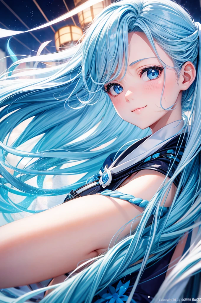 [a blue-eyed girl looks up with a thin smile that makes her look cool. her hair is like light blue waves and at each end her hair is white like foam, perfect view 3/4] with 3D anime style and text that says "Kobo kanaeru" typography in Japanese