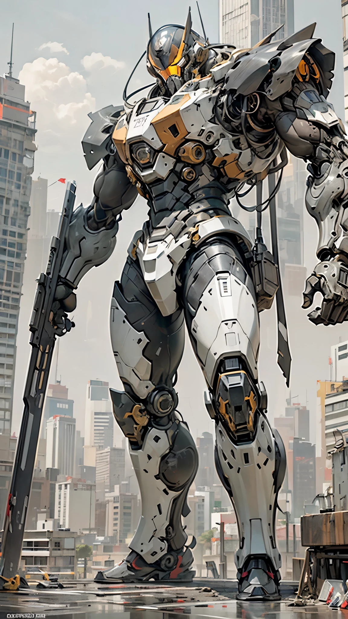 Create a digital art piece featuring a Japanese Jaeger standing imposingly amidst a futuristic cityscape, towering at an incredible height of 400 meters. The Jaeger is painted in shades of white and red, incorporating the Japanese flag colors prominently. The scene is set against a backdrop of sleek skyscrapers and high-tech structures. The Jaeger's design is ultra-modern, with smooth, aerodynamic lines and advanced technology.
The Jaeger’s surface is a blend of polished titanium and reflective materials, giving it a high-tech, metallic sheen. The red accents are strategically placed to highlight its sleek form. The scene includes cinematic lighting with strong contrasts, emphasizing the bright reflections on the Jaeger’s surface and deep shadows. Capture the fine details of the Jaeger's joints and advanced weaponry. The overall image is rendered in 8k resolution, showcasing extreme realism with photographic precision.