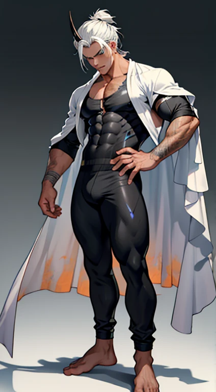 Masterpiece, Best Quality, (Solo), acatboy, shota, Zhengtai 25, Male Focus, 1boy, Solo, Sweaty boy, Dongfang Long, Dragon Clan boy, blue eyes, dark brown skin, dark skin, chocolate colored abs, tight underwear, adhesive jumpsuit, bulging, muscular male, full body bodysuit, gradient color, dirty socks, full body, gradient background, feet emitting heat, Dongfang Empress, Empress Huafu, white hair, white armpit hair, nipples, facial patterns, short hair, ponytail hair, border, cultivation background, white border, artist name, outdated, smelly feet, abdomen, stains, dirty black glial bodysuit, bodysuit worn inside, outer border, bangs, white background, chest, collarbone, long horned boy, showing handsome posture Standing in the Eastern Immortal Realm, wearing a gel coat and cloak, with sexy feet, feet, foot focus, sole of the foot, lifting the sole of the foot towards the screen, without underwear, Take off shoes, barefoot, hot feet, smelly feet, a lot of dirt, black skin, black skin boy