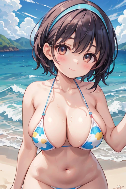 Beautiful young woman，She has a perfect body and beautiful big eyes, Perfect slim and curvy body type, Short wavy hair, head band, Subtle printed micro bikini, Fun at the beach, Tropical Island, Happy, Smiling Kindly, Open, Perfect face, muted, Atmospheric, Clean Lines, Complex, Very detailed, Actual, 8k
