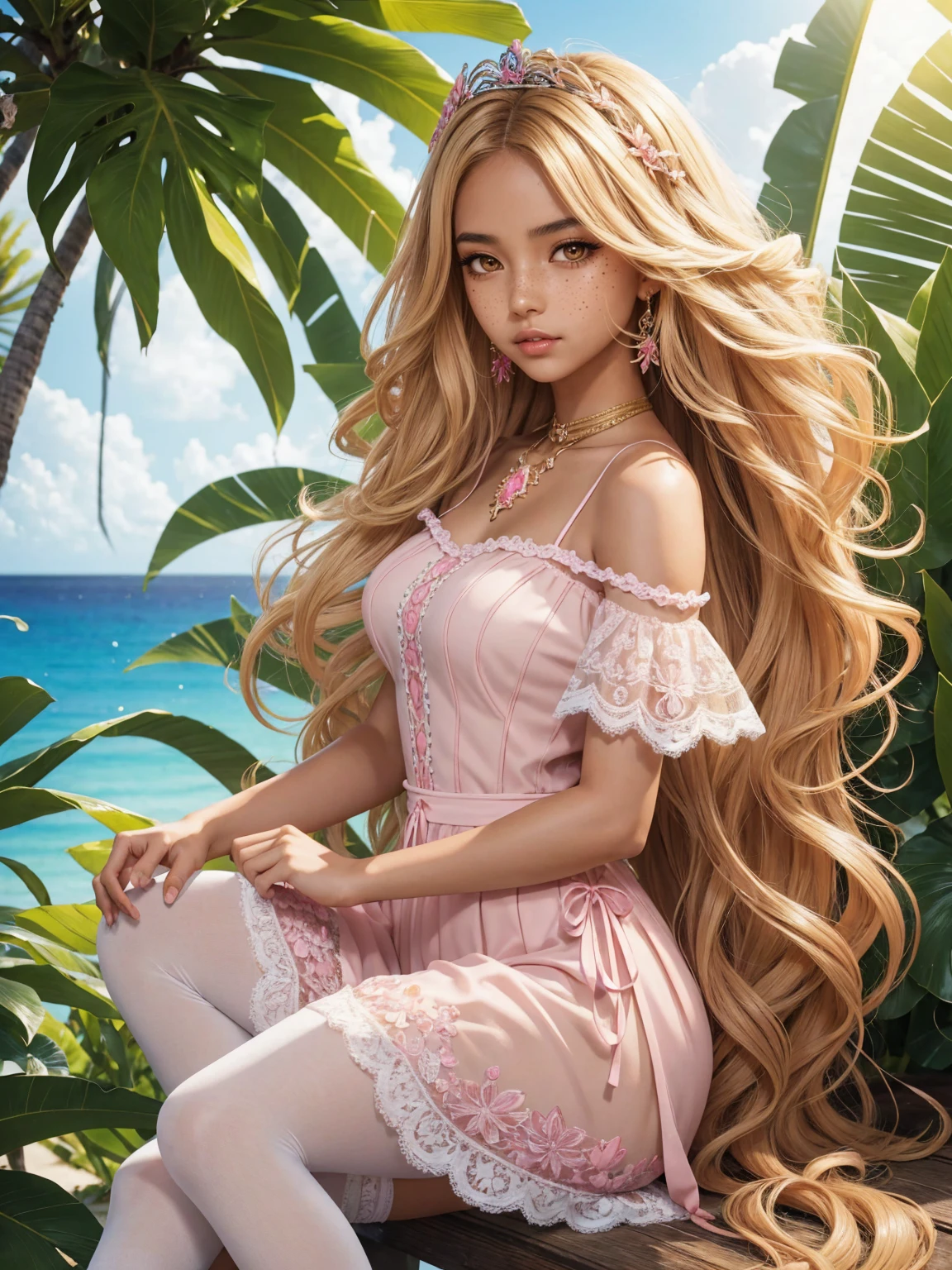 Anime manga tropical princesa , Latina dark brown tanned skin, long wavy golden blonde wavy hair, stunning pink eyes, delicate white jewelry outfit, lace socks, beautiful fantasy tropics, American fantasy