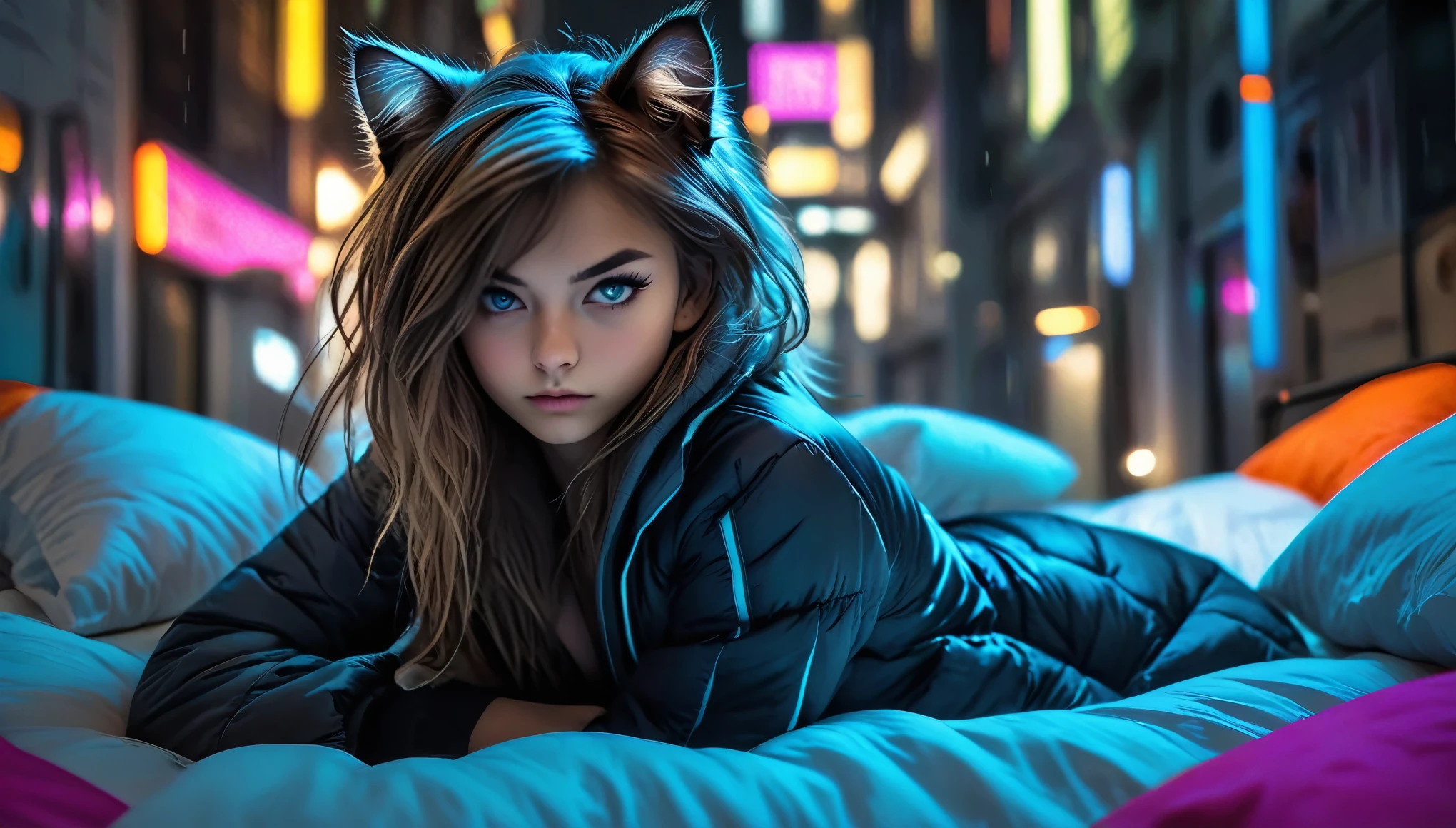 ((barely legal cat girl, with cat ears and choker, ((in an open puffer with plunging neckline, wide cleavage, deep neckline)), small perky breasts, beautiful detailed eyes, beautiful detailed lips, small closed mouth, extremely detailed face, pale skin, random long hairstyle, small hips, lying on a bed with silk sheets, fear on the face)), moody atmosphere, dramatic and random neon colors, futuristic setting, intricate details, night, backlight, full body shot, view from a distance, random pose