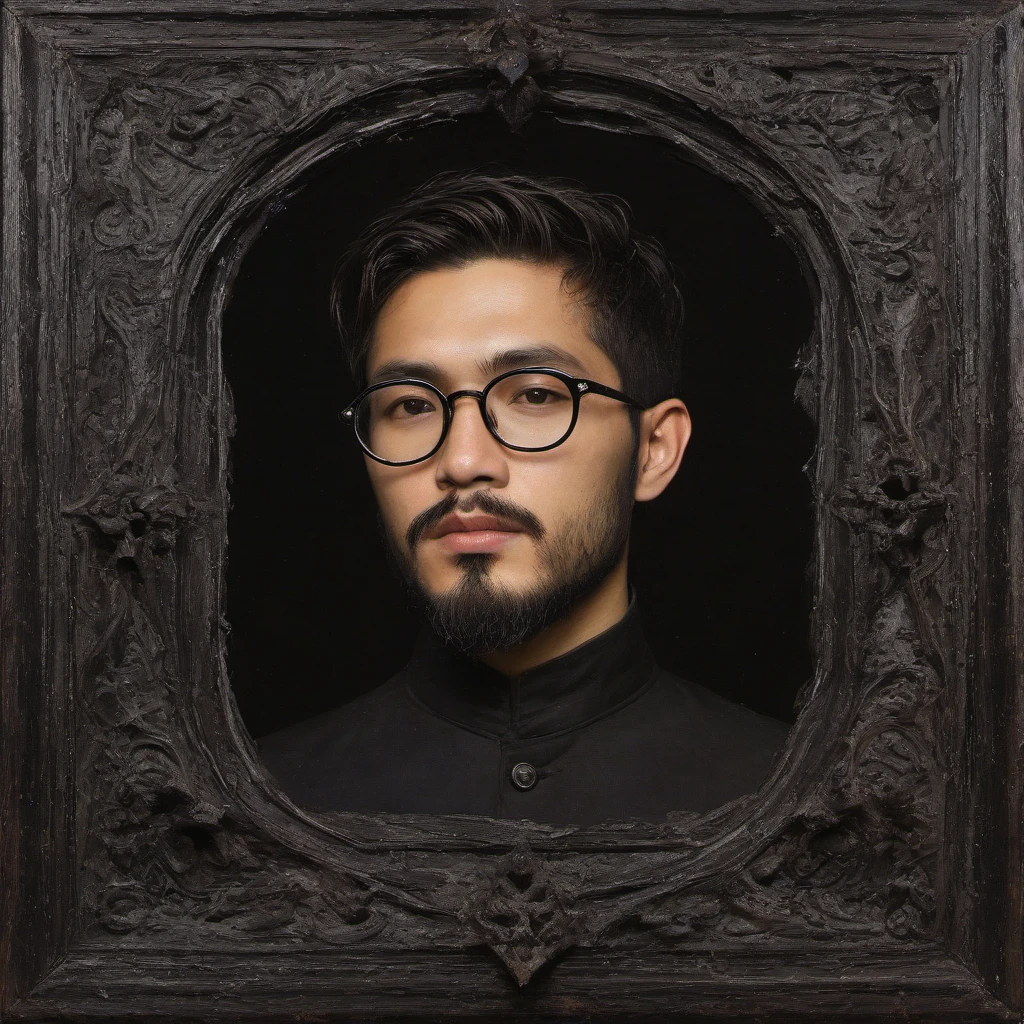James Gurney, Surrealist art , dream-like, mysterious, Provocative, symbolic, Complex, detailed,, (Gothic but very charming:1.4), (masterpiece, Highest quality:1.4) , Nicola Samori Style,effortlessly pretty, Asian men, with stubble, short beard, short mustache, Beard scum, slightly curly hair, and black square plastic-framed glasses