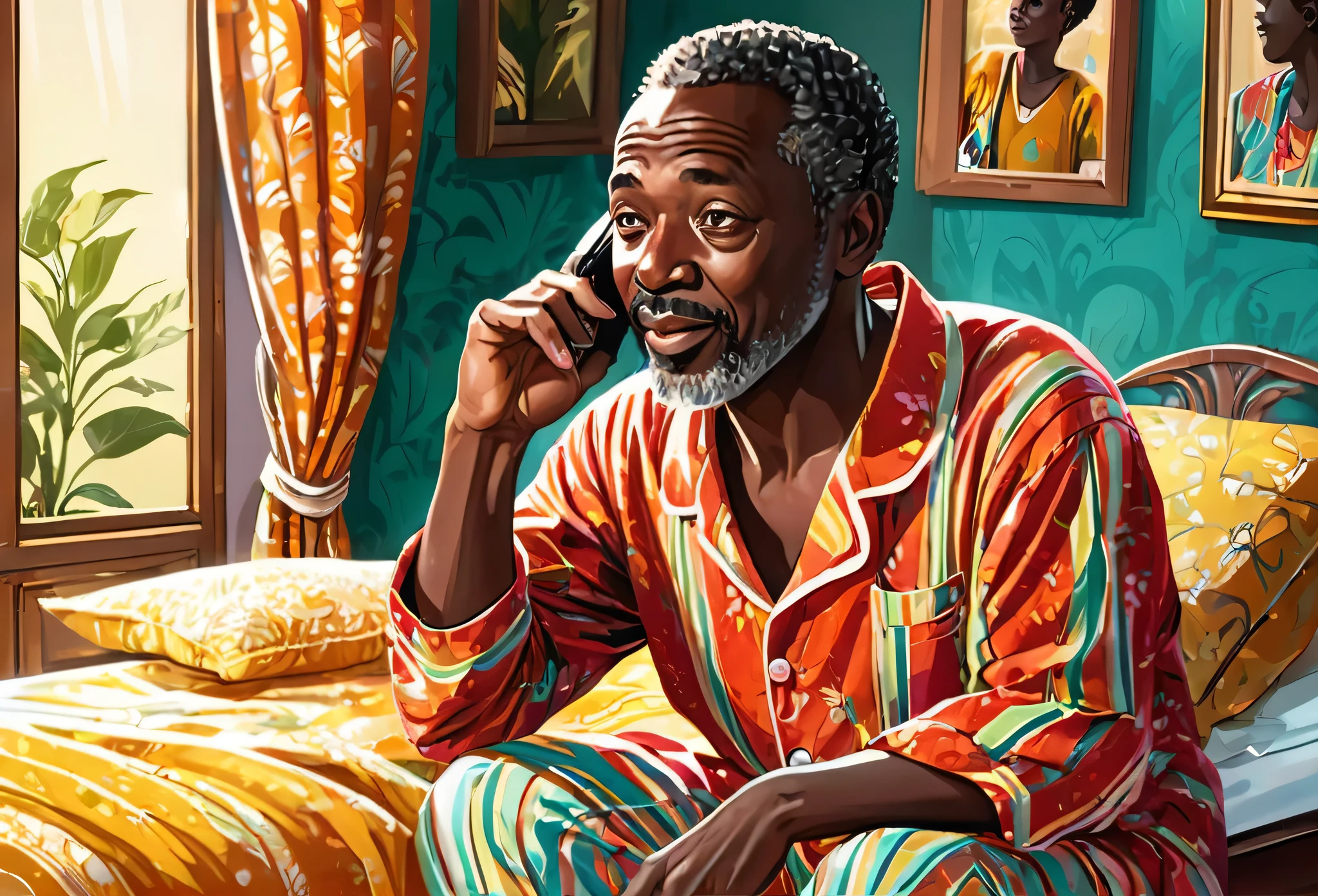A 45 years old man wearing pajamas speaking on the phone while reaching out to collect something with his other hand Indoor.
African (masterpiece best quality:1.2) delicate illustration ultra-detailed, illustrations, bright, colourful,