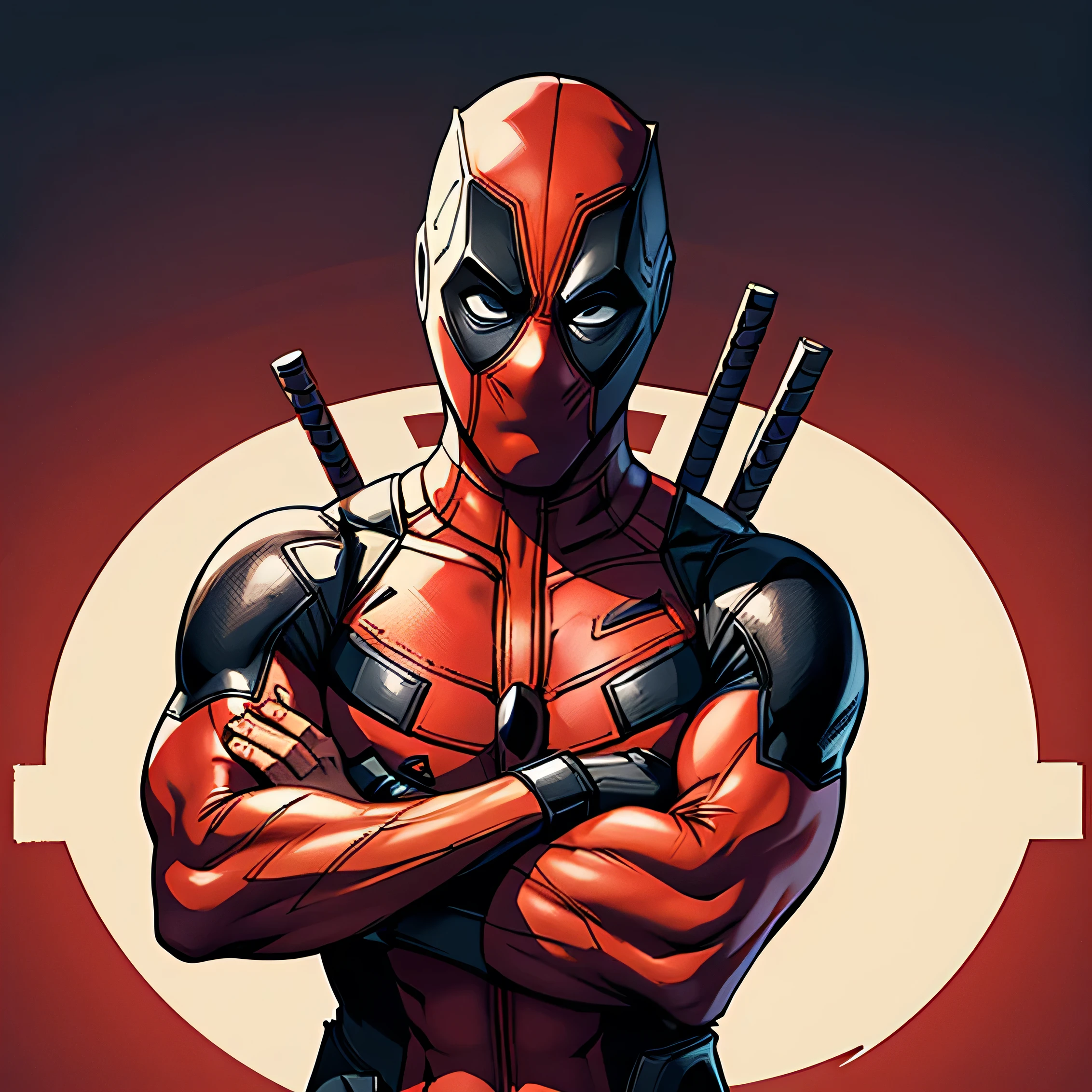 male Deadpool very serious with crossed arms looking at the viewer , 8k highly detailed