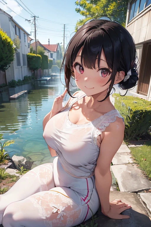 masterpiece、1 female student、(((Missing arm,Bare arms,Towel wrap)))White cloth bun、Shoulder leakage、chubby、Smile、(((Lace、white yoga pants)))pale pink lips、posing at school,(Soaked),legs are open, 独奏, looking at the audience, (Thick thighs:1.0),Red eyes, Blushed,blunt hair,flower headdress,lawn,hands on hips,creek,black hair,Smile with teeth showing,short hair,garden,(((Side milk is visible,))),(((Chest visible from the side,,Showing side chest,Exposed side chest))),clear and bright eyes,((((stand at attention,From the front)))),((View from below,Bun cunt,Pussy k,sit))