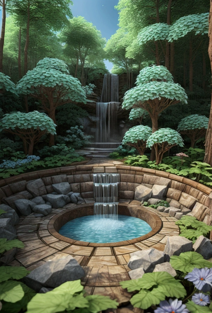 A stunning 3D watercolor illustration of a mystical forest landscape, intricately painted on a metallic-shaded bowl. The design features a serene waterfall cascading over large designer stones, with vibrant morning glory creeper flowers elegantly intertwined. The forest is adorned with mysterious designer trees, and the entire composition exudes a sense of tranquility and wonder. The use of vibrant colors and intricate details brings the scene to life, creating a captivating and immersive experience., illustration, 3d render, vibrant
