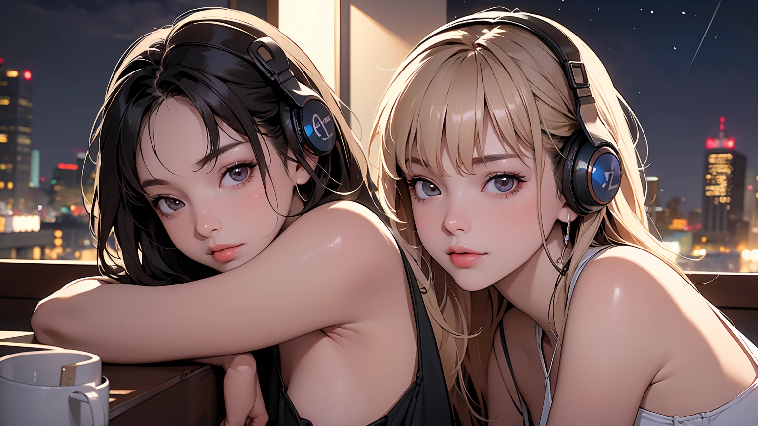 masterpiece、high resolution 8k、NSFW、sharp focus、contrast lighting、fine skin、muste piece、 highest quality、Ultra - High resolution、Super high resolution、Highly detailed CG, realisticlying, 1 girl, Beautiful, wearing headphones, enjoying hot coffee solo, Late Night Cafe, looking to viewer, city, starry sky, cloud, night.