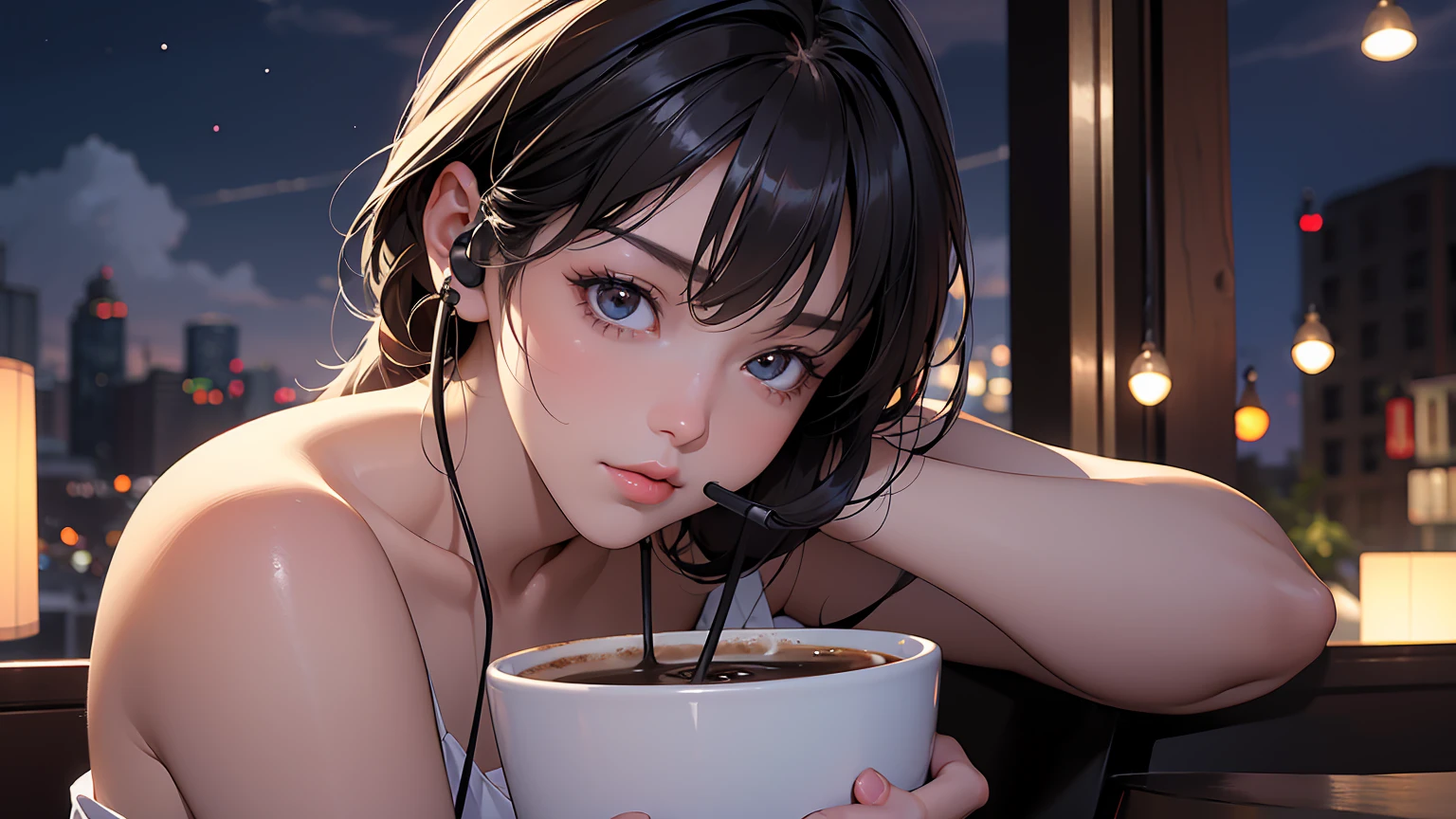 masterpiece、high resolution 8k、NSFW、sharp focus、contrast lighting、fine skin、muste piece、 highest quality、Ultra - High resolution、Super high resolution、Highly detailed CG,  realisticlying, 1 girl, Beautiful, wearing headphones, enjoying hot coffee solo, Late Night Cafe, looking to viewer, city, starry sky, cloud, night.