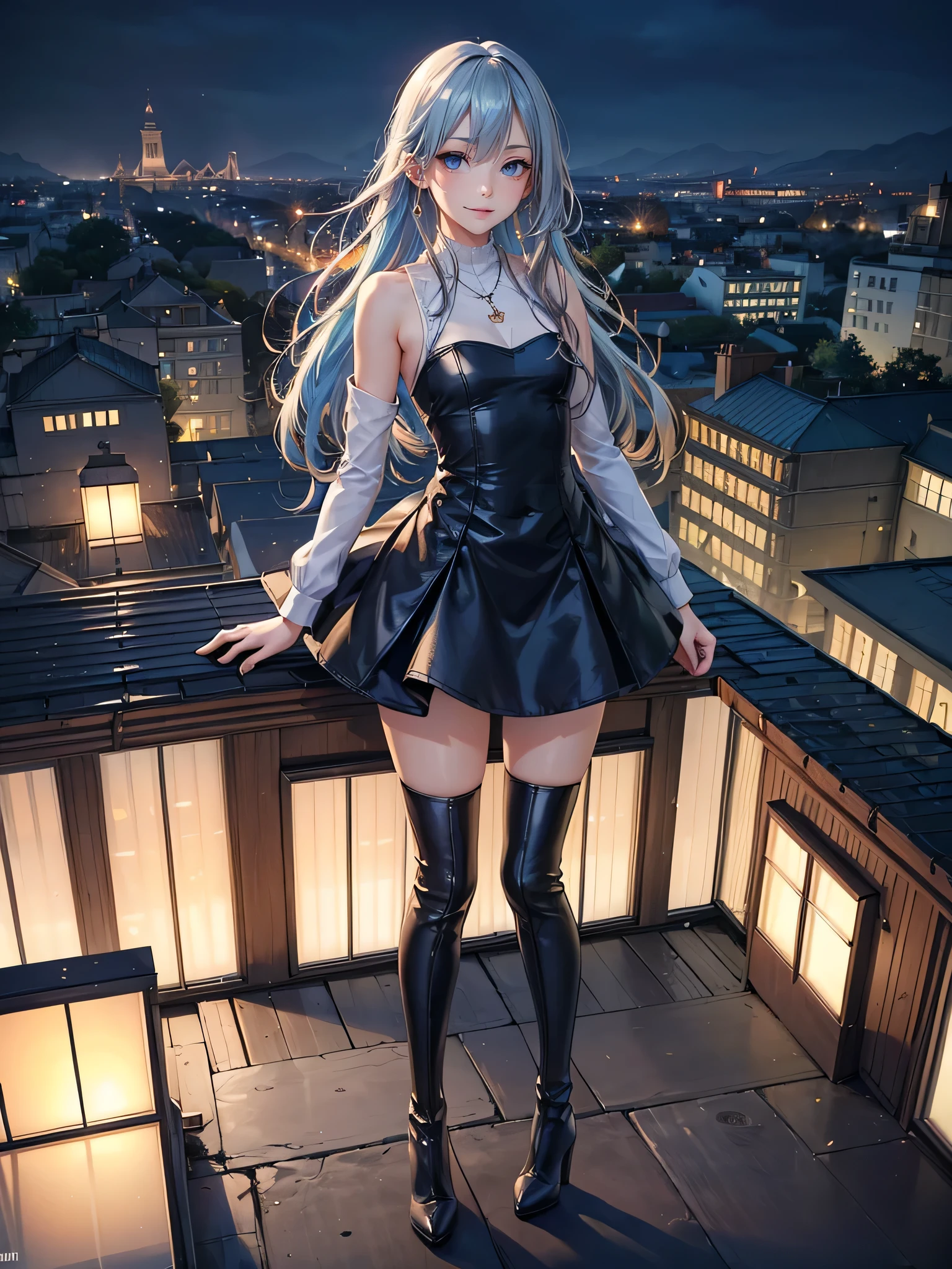((Biologically correct limb count)),(( From head to toe,Full-body photo including face)),4K,((Standing position)),masterpiece,((Focus on the face)),((Symmetrical facial features)),Eyes with detailed description,Beautiful woman,Great style,Beautiful arms,Beautiful legs,Beautiful Hands,(Small Ass,Thin thighs),Detailed depiction of the face,Small earrings,necklace,(Will ,dress((High heel long boots))),((evening,Looking out at the city from the school rooftop)),(((blue blonde))),Realistic photo,