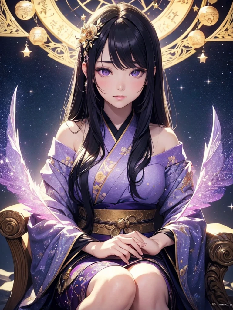 a beautiful detailed goddess with long flowing black hair, purple eyes, sitting on a mysterious chair, wearing a long starry kimono, gazing at the starry night sky, oracle, intricate detailed illustration, starry night background, (best quality,4k,8k,highres,masterpiece:1.2),ultra-detailed,(realistic,photorealistic,photo-realistic:1.37),cinematic lighting,dramatic atmosphere,vibrant colors,magical,ethereal,mystical,spiritual