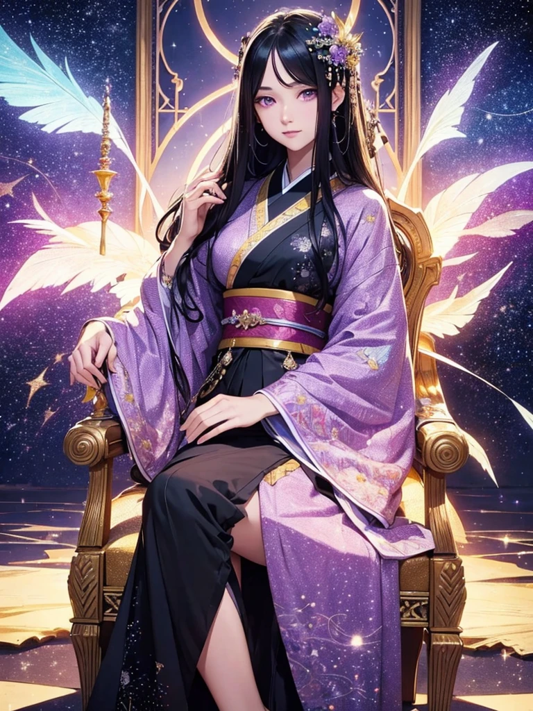 a beautiful detailed goddess with long flowing black hair, purple eyes, sitting on a mysterious chair, wearing a long starry kimono, gazing at the starry night sky, oracle, intricate detailed illustration, starry night background, (best quality,4k,8k,highres,masterpiece:1.2),ultra-detailed,(realistic,photorealistic,photo-realistic:1.37),cinematic lighting,dramatic atmosphere,vibrant colors,magical,ethereal,mystical,spiritual