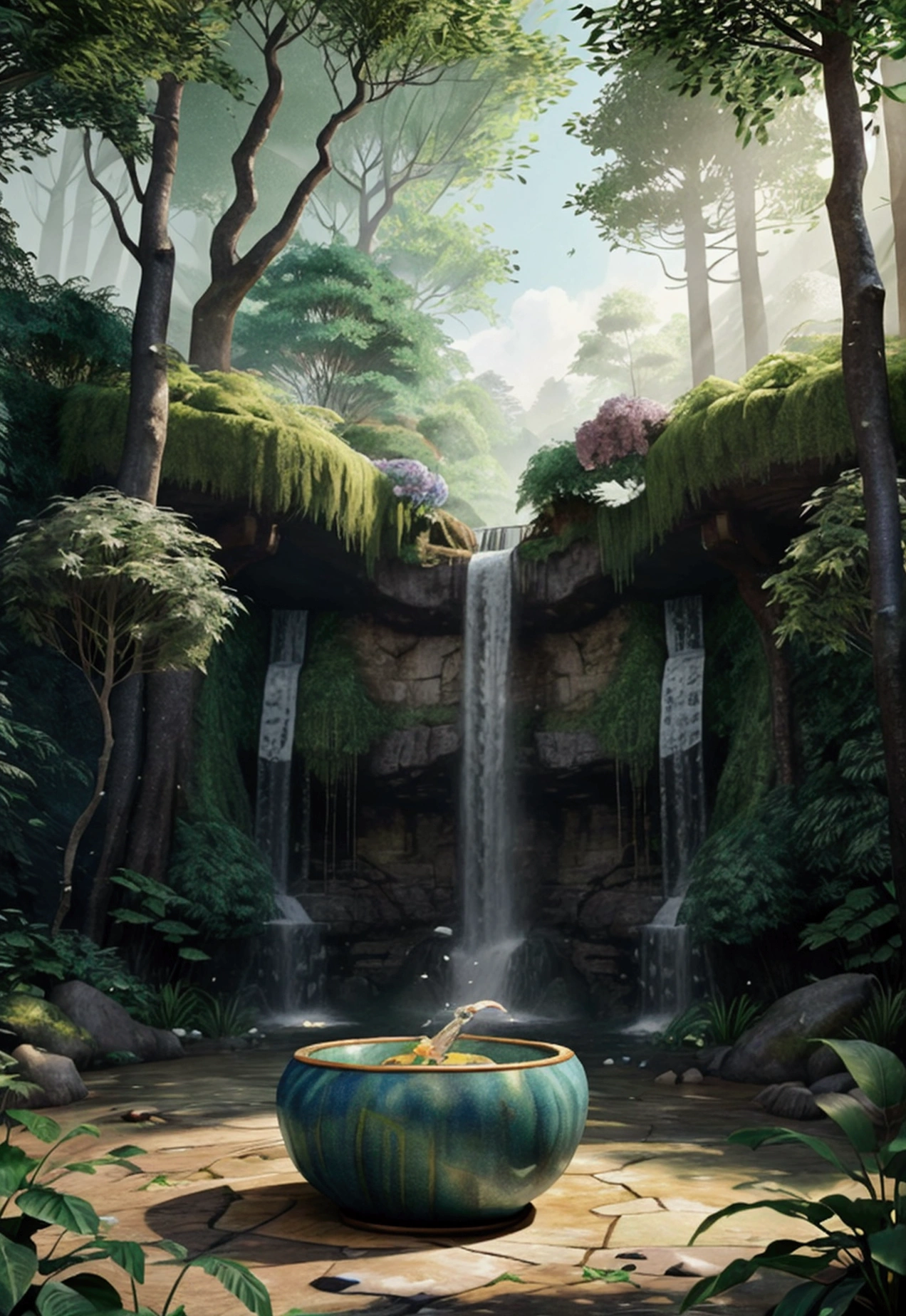 A stunning 3D watercolor illustration of a mystical forest landscape, intricately painted on a metallic-shaded bowl. The design features a serene waterfall cascading over large designer stones, with vibrant morning glory creeper flowers elegantly intertwined. The forest is adorned with mysterious designer trees, and the entire composition exudes a sense of tranquility and wonder. The use of vibrant colors and intricate details brings the scene to life, creating a captivating and immersive experience., illustration, 3d render, vibrant

