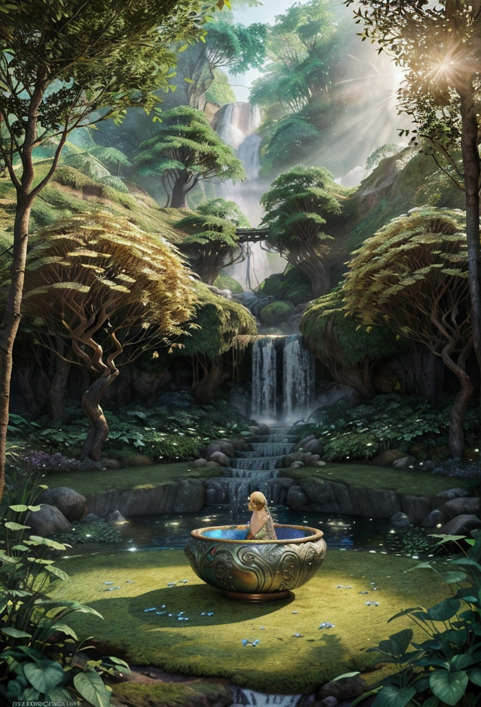A stunning 3D watercolor illustration of a mystical forest landscape, intricately painted on a metallic-shaded bowl. The design features a serene waterfall cascading over large designer stones, with vibrant morning glory creeper flowers elegantly intertwined. The forest is adorned with mysterious designer trees, and the entire composition exudes a sense of tranquility and wonder. The use of vibrant colors and intricate details brings the scene to life, creating a captivating and immersive experience., illustration, 3d render, vibrant
