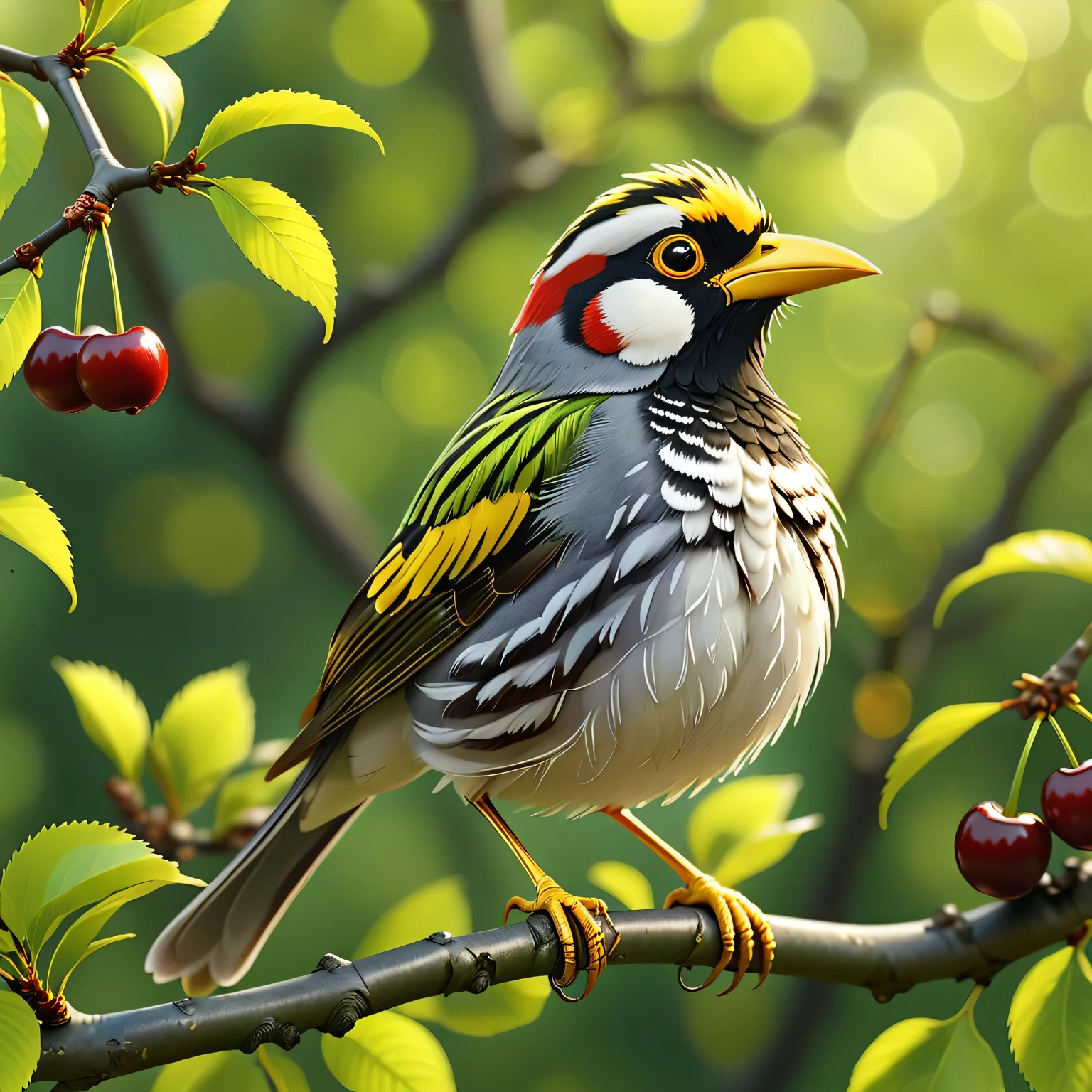 (a Geopelia striata bird with a golden beak:1.4), (perched on a cherry tree branch:1.3), blurry green leaves background, highly detailed, photorealistic, 8k, hyperrealistic, cinematic lighting, masterpiece