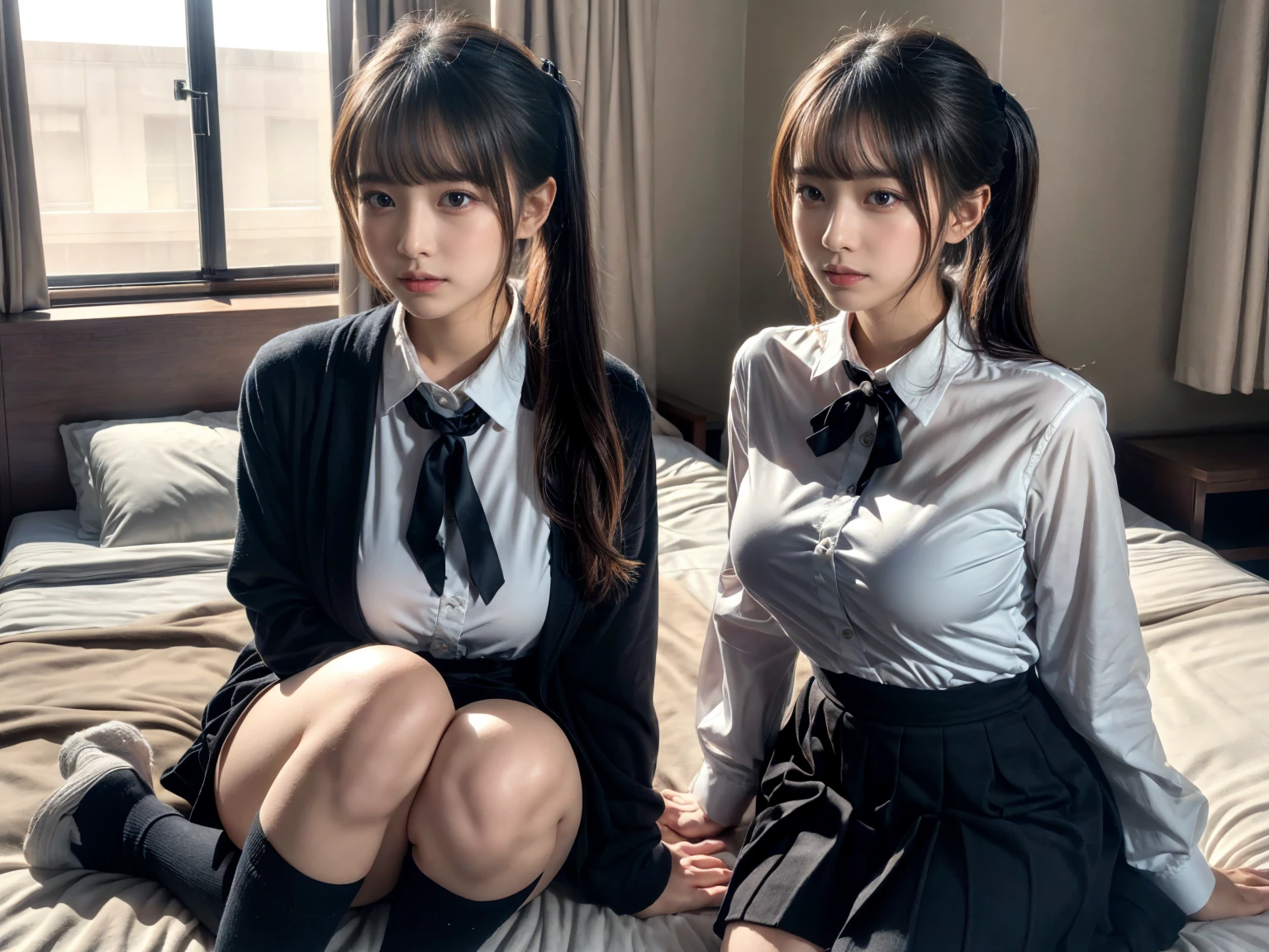 (8K, RAW Photos, Highest quality, masterpiece:1.2), (professional photography, full colors, studio-caliber color grading), (Gravure quality for high-end fashion magazines), (2 girls), BREAK,18 year old girl, (fluffy ponytail:1.2), Big Natural Color Lip, Plumpy body, (smooth skin:1.1), huge breasts, BREAK, (collared shirt:1.1), pleated skirt, knee high socks, BREAK, hotel room, cute , lolita