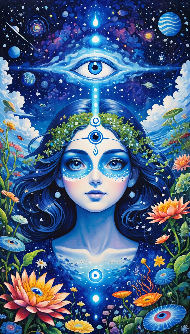 Psychedelic Art。plant、Marine Life、(((Charming eyes,The Third Eye)))、cloud、Starry Sky,Galaxy、Planet、Abstract painting of joints,Describing the inner world of autistic people,Sense of space,Blank,White space,Pointillism method,Childish lines,Klein Blue,Incorporating Monet's artistic style