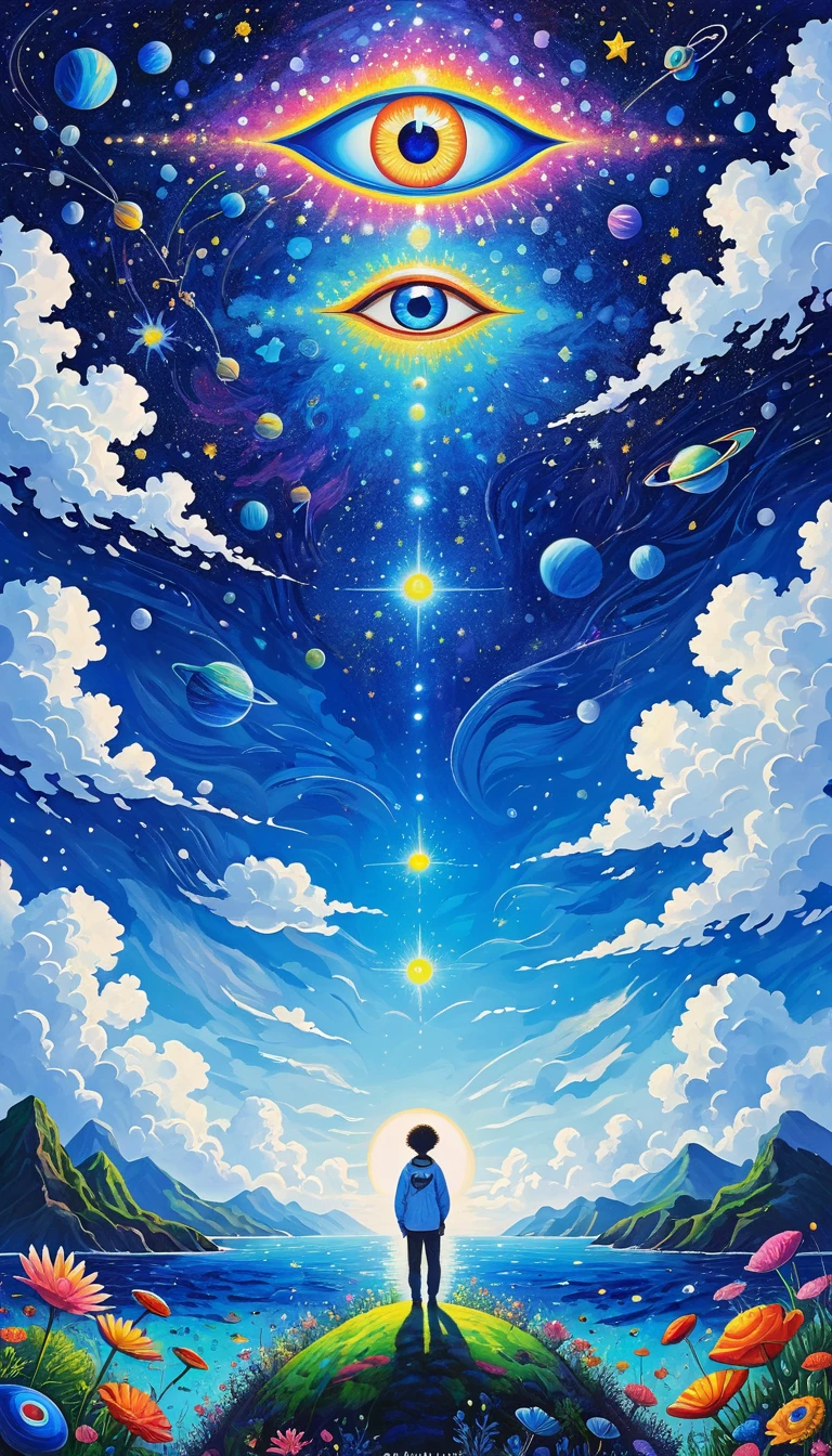 Psychedelic Art。plant、Marine Life、(((Charming eyes,The Third Eye)))、cloud、Starry Sky,Galaxy、Planet、Abstract painting of joints,Describing the inner world of autistic people,Sense of space,Blank,White space,Pointillism method,Childish lines,Klein Blue,Incorporating Monet's artistic style
