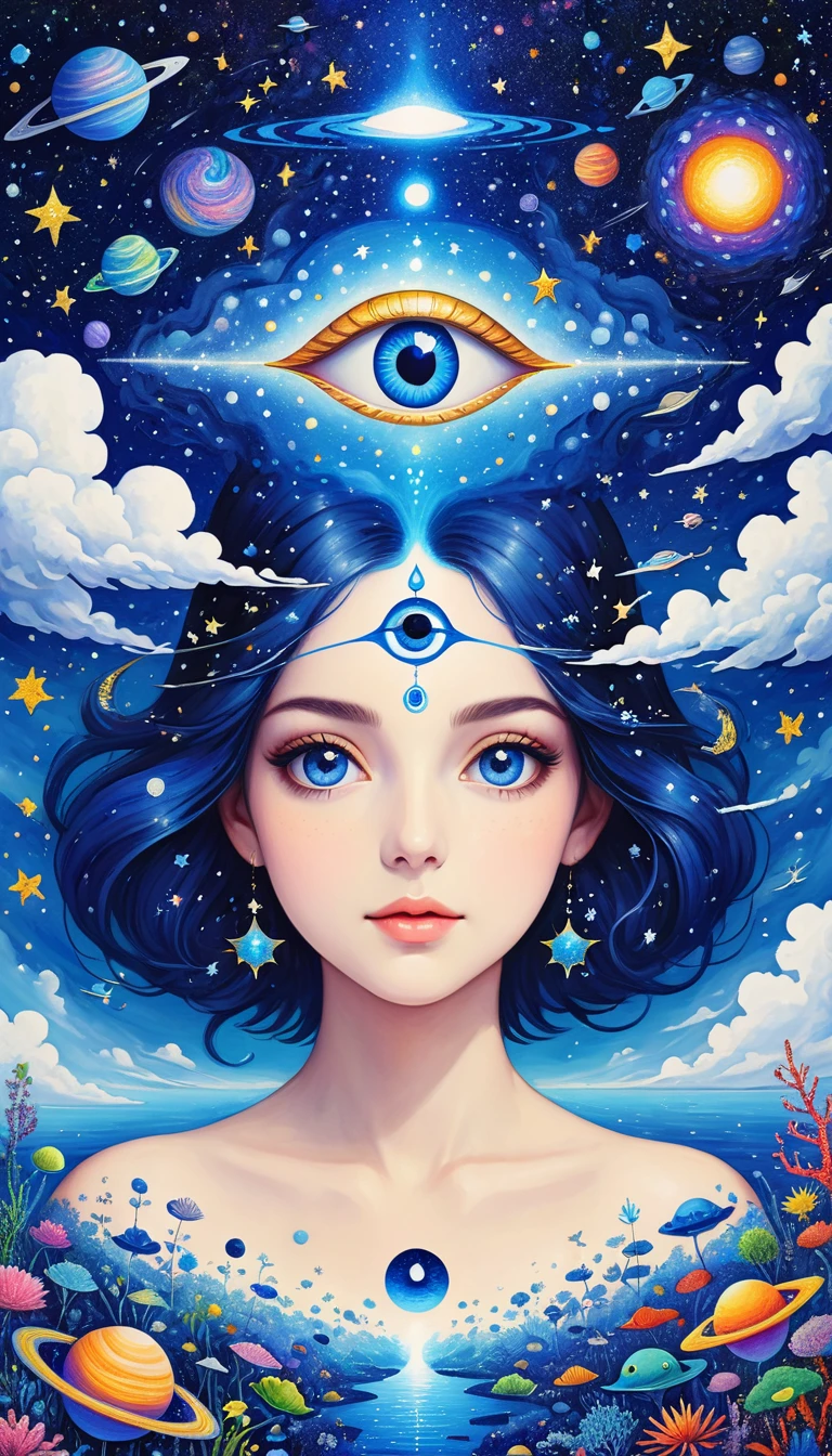 Psychedelic Art。plant、Marine Life、(((Charming eyes,The Third Eye)))、cloud、Starry Sky,Galaxy、Planet、Abstract painting of joints,Describing the inner world of autistic people,Sense of space,Blank,White space,Pointillism method,Childish lines,Klein Blue,Incorporating Monet's artistic style
