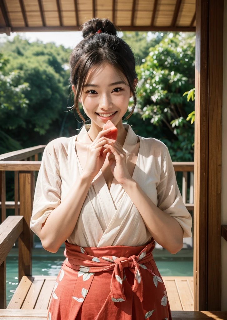 (1 female)、Highest quality、masterpiece、Ultra-high resolution、(Photographic realism:1.4)、Original photo,Octane Rendering、8k、Ultra Sharp、((Hair Bun)),Extremely detailed CG),(((8k))),wallpaper,((Very sophisticated and beautiful)),(((masterpiece))),(((Highest quality))),(((Ultra-high resolution))),Beautiful lighting,Perfect Lightning,Realistic shadows,With a beautiful sea as a background、Eating watermelon on the veranda of a Japanese house、Wearing a yukata、Eating watermelon deliciously、Show your teeth and smile、Focus on the front.Proper body balance,Beautiful Hands,Beautiful fingers,Detailed functions of the fingers,Bright smile,