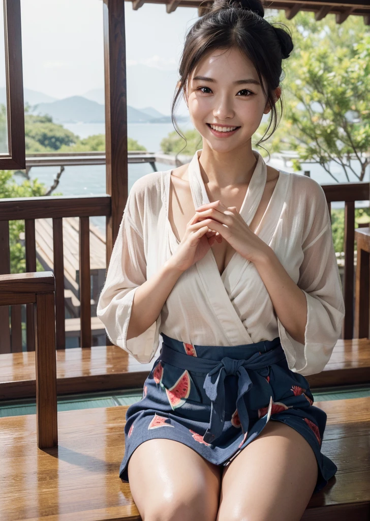 (1 female)、Highest quality、masterpiece、Ultra-high resolution、(Photographic realism:1.4)、Original photo,Octane Rendering、8k、Ultra Sharp、((Hair Bun)),Extremely detailed CG),(((8k))),wallpaper,((Very sophisticated and beautiful)),(((masterpiece))),(((Highest quality))),(((Ultra-high resolution))),Beautiful lighting，Perfect Lightning,Realistic shadows，With a beautiful sea as a background、Eating watermelon on the veranda of a Japanese house、Wearing a yukata、Eating watermelon deliciously、Show your teeth and smile、Focus on the front.Proper body balance,Beautiful Hands,Beautiful fingers,Detailed functions of the fingers,Bright smile,
