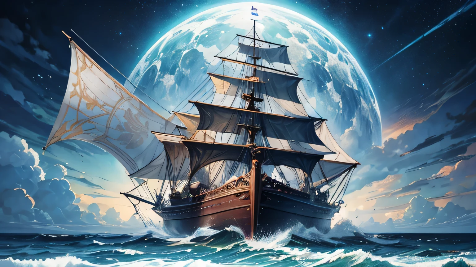 Fantasy Water Kingdom、Several small and large ships、Turbulent seas、Dark Sea、inflammation、war