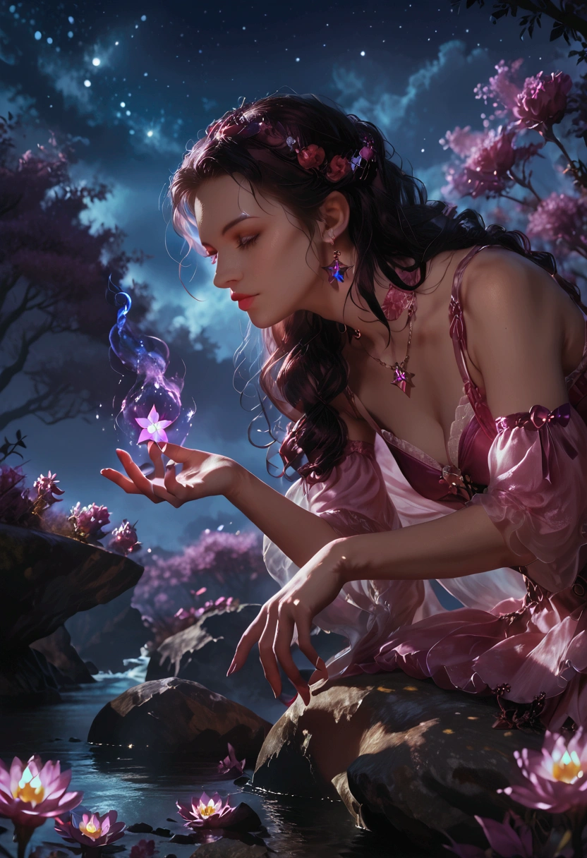 extreme detail, multi-layered composition, girl sitting on a rock, pretty girl, surrounded by colorful flowers, night sky with glowing stars and moonlight, realistic shadows, immersive environment, accurate hands and fingers, volumetric lighting, rich color palette, detailed textures