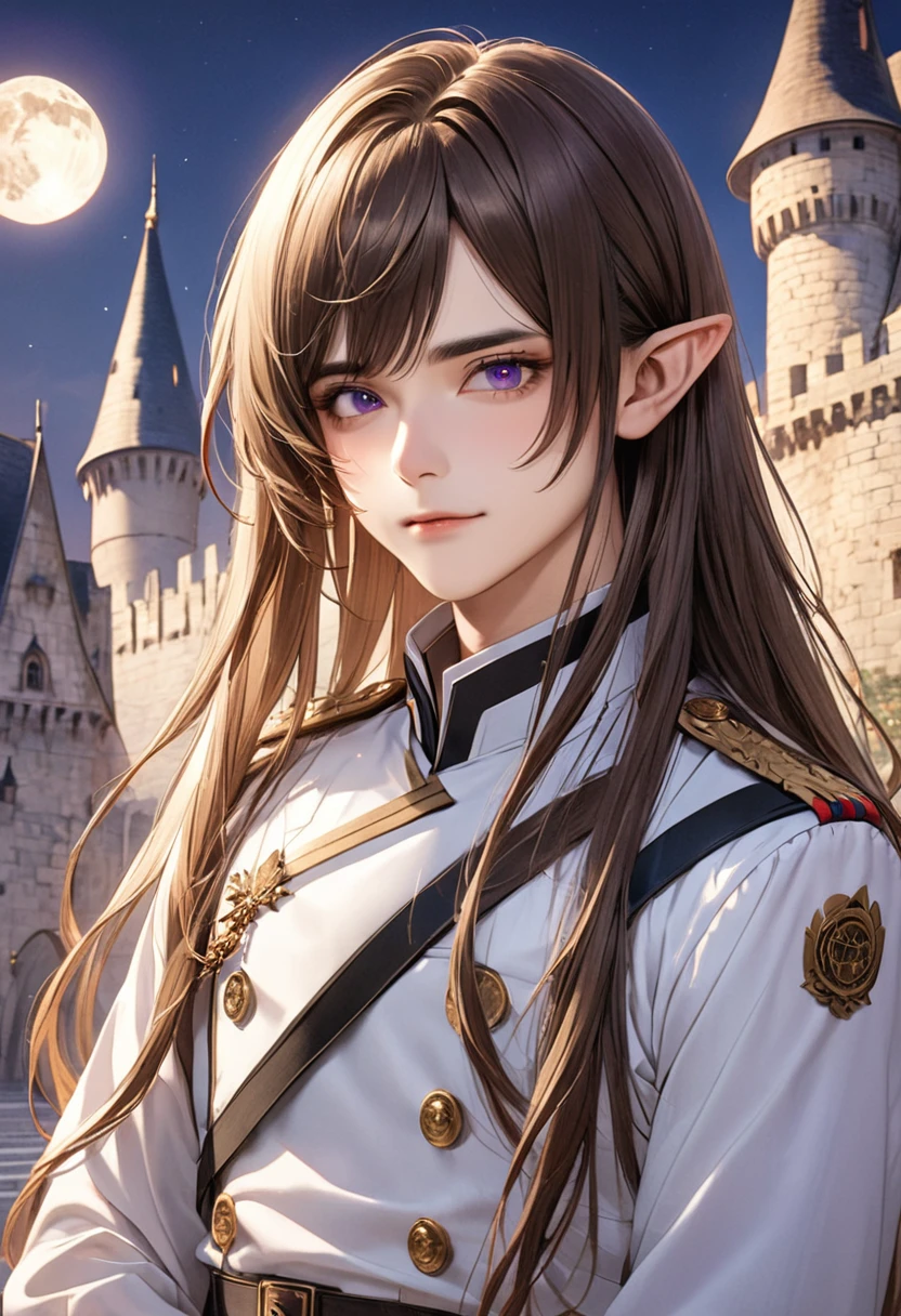 1 male　Brown eyebrows and medium-long hair　Bangs without a part　Side hair where ears are not visible　Purple Eyes　White military uniform　full moon　Castle courtyard