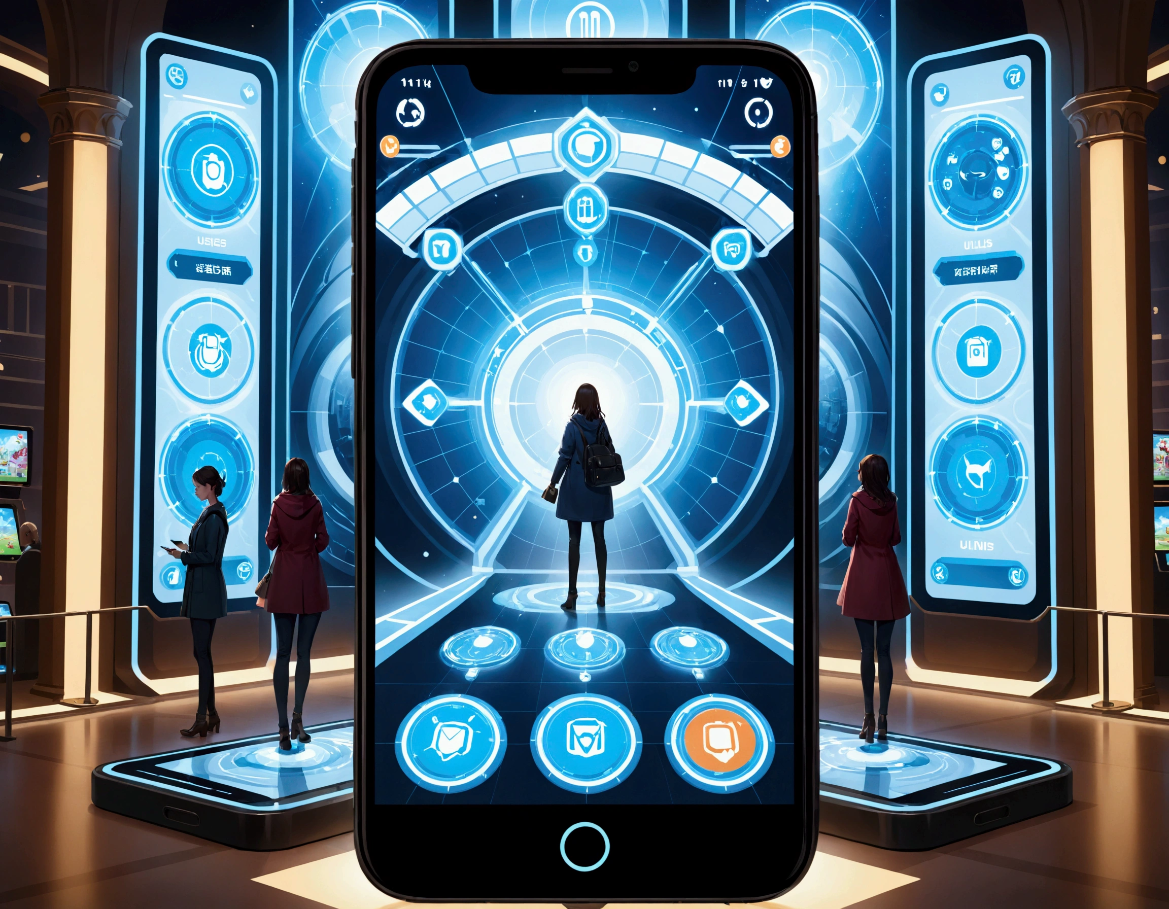 A woman is standing on a mobile phone game screen, There are multiple UIs within the game screen.