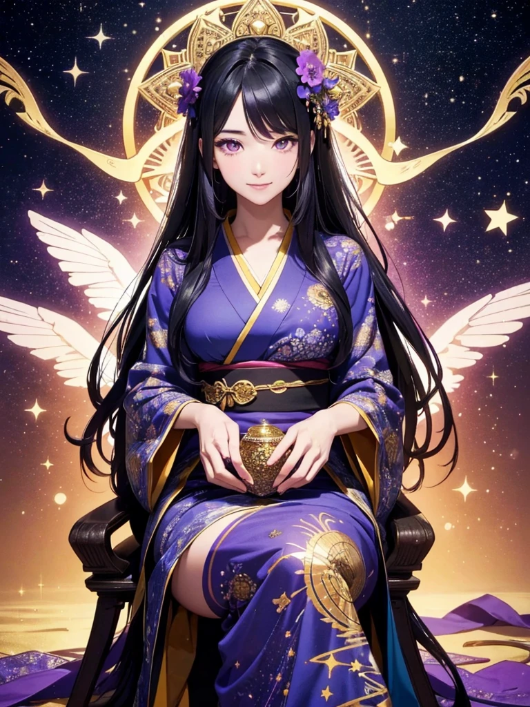 a beautiful smile detailed goddess with long flowing black hair, purple eyes, sitting on a mysterious chair, wearing a long starry kimono, gazing at the starry night sky, oracle, intricate detailed illustration, starry night background, (best quality,4k,8k,highres,masterpiece:1.2),ultra-detailed,(realistic,photorealistic,photo-realistic:1.37),cinematic lighting,dramatic atmosphere,vibrant colors,magical,ethereal,mystical,spiritual