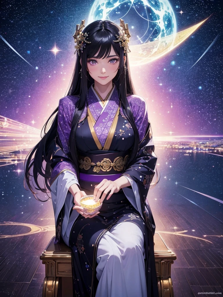 a beautiful smile detailed goddess with long flowing black hair, purple eyes, sitting on a mysterious chair, wearing a long starry kimono, gazing at the starry night sky, oracle, intricate detailed illustration, starry night background, (best quality,4k,8k,highres,masterpiece:1.2),ultra-detailed,(realistic,photorealistic,photo-realistic:1.37),cinematic lighting,dramatic atmosphere,vibrant colors,magical,ethereal,mystical,spiritual
