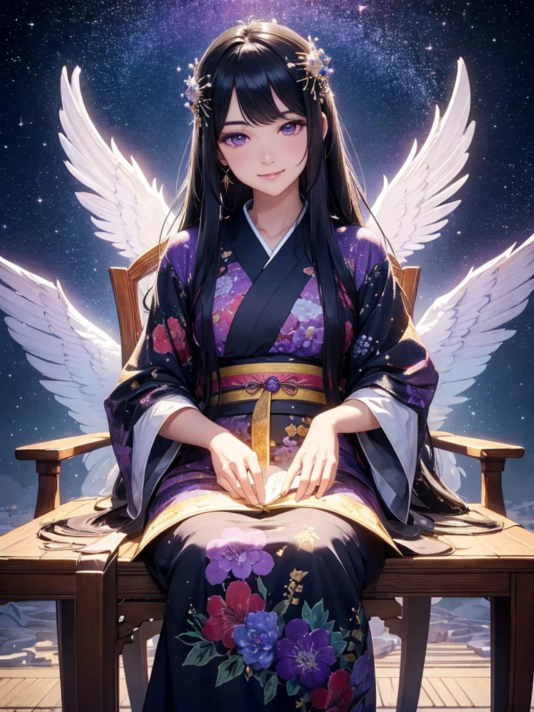 a beautiful smile detailed goddess with long flowing black hair, purple eyes, sitting on a mysterious chair, wearing a long starry kimono, gazing at the starry night sky, oracle, intricate detailed illustration, starry night background, (best quality,4k,8k,highres,masterpiece:1.2),ultra-detailed,(realistic,photorealistic,photo-realistic:1.37),cinematic lighting,dramatic atmosphere,vibrant colors,magical,ethereal,mystical,spiritual