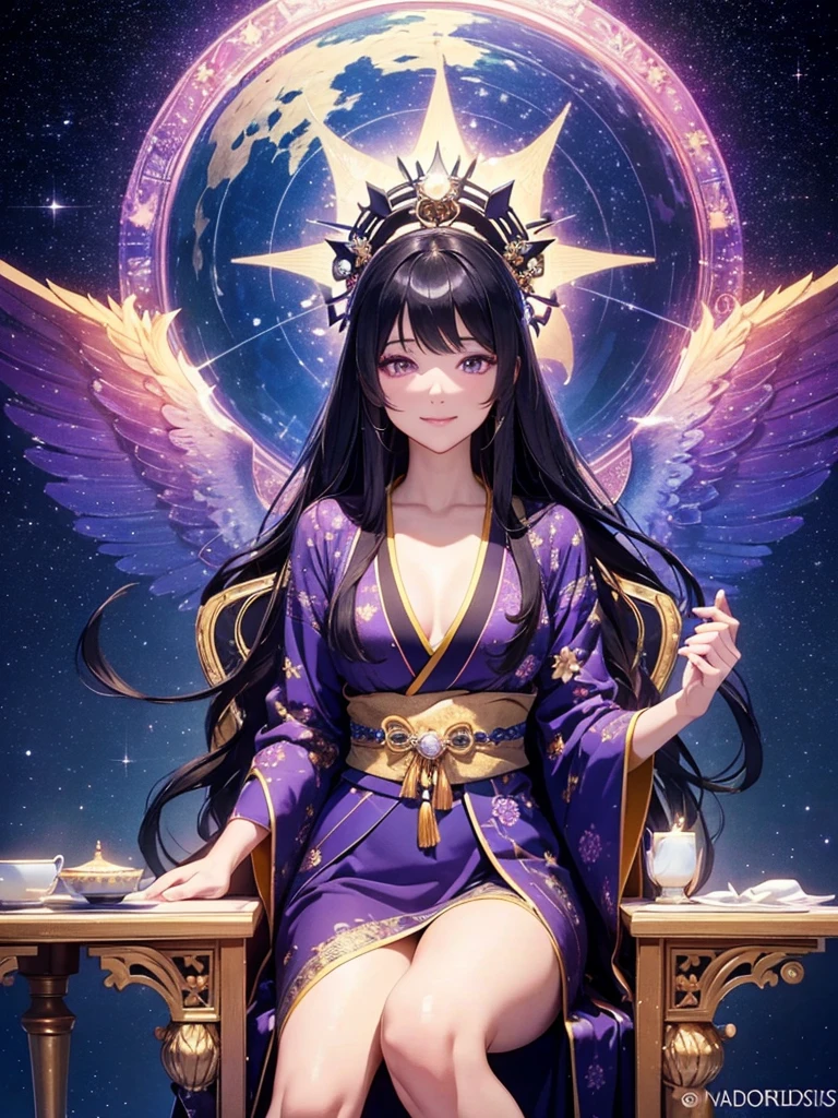 a beautiful smile detailed goddess with long flowing black hair, purple eyes, sitting on a mysterious chair, wearing a long starry kimono, gazing at the starry night sky, oracle, intricate detailed illustration, starry night background, (best quality,4k,8k,highres,masterpiece:1.2),ultra-detailed,(realistic,photorealistic,photo-realistic:1.37),cinematic lighting,dramatic atmosphere,vibrant colors,magical,ethereal,mystical,spiritual