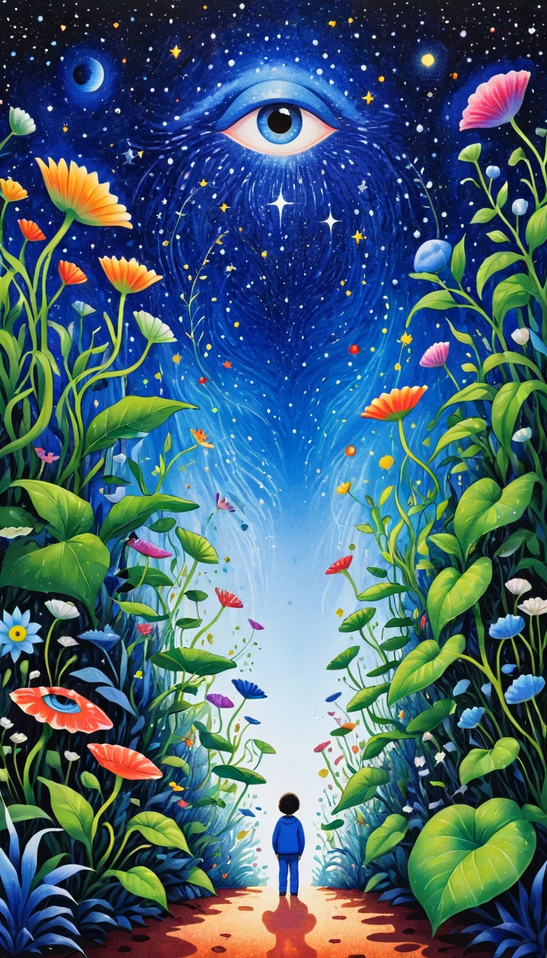 Psychedelic Art:Psychedelic Art。plant、Marine life、(((Eye)))、Eyes on plants、Starry Sky,An abstract painting at the joint,Describing the inner world of autistic people,Sense of space,blank,White Space,Pointillism method,Childish lines,Klein Blue