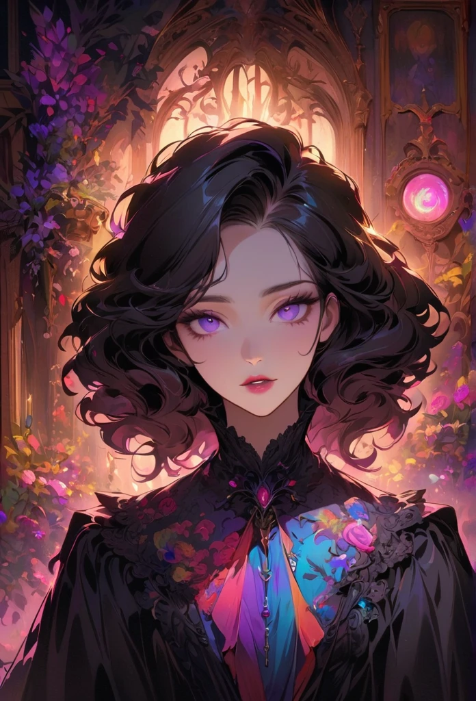 anime,beautiful detailed eyes,beautiful detailed lips,extremely detailed eyes and face,longeyelashes,colorful,vivid colors,portrait,landscape,horror,studio lighting,sharp focus,physically-based rendering,extreme detail description,professional,bokeh,HDR,UHD,ultra-fine painting,concept artists,gothic,Victorian-style bedroom,beautiful witch,dark atmosphere,vibrant colors,soft lighting,enchanted plants,flowing lavender,anime-style characters,mysterious shadows,exquisite details,vintage furniture,luxurious textures,eye-catching composition,romantic mood,rose,kissmark,monochrome,
