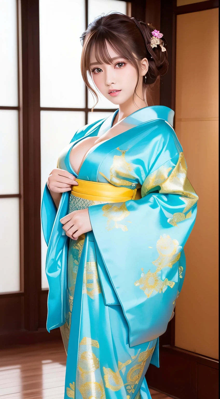 ((masterpiece(:1.4),Highest quality,Ultra-high resolution,Highest quality,8k,Extremely detailed,In detail))。night,Japanese,(A beautiful woman),glossy,slim,Large Breasts(1.6),sexy,glamorous,Golden Ratio Style,Perfect Style,White powder applied to face and neck,Flashy gal makeup,Red light district,Bedroom,Oiran,Prostitute,Sunny day outfit,Uchikake,Gold brocade,((A gorgeous kimono)),A cutting board belt tied in front,Hair tying,hairpin,hair ornaments,Gorgeous costumes,Beautiful standing posture,Presence,Exude sex appeal,looking at the camera,